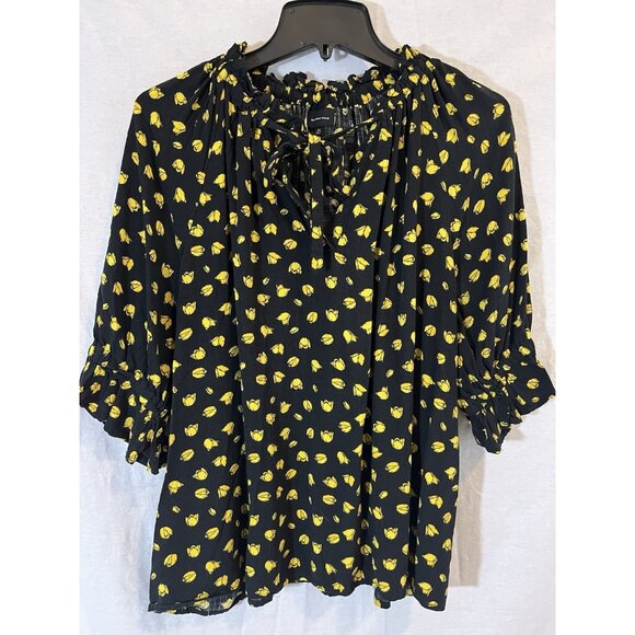 Who What Wear Women's XL Rayon Black With Yellow Tulips Blouse - Picture 1 of 8